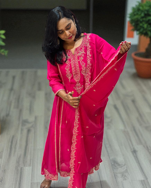 Pink Misri Mul chandri Anarkali - set of 3