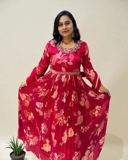 Cherry Red Ekta chinon silk Gown - set of 2