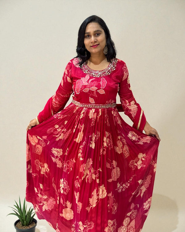 Cherry Red Ekta chinon silk Gown - set of 2