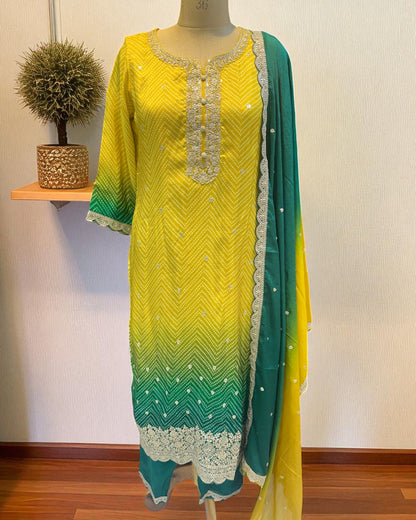 Yellow Green Ombre Kalyani Russian Silk suit set