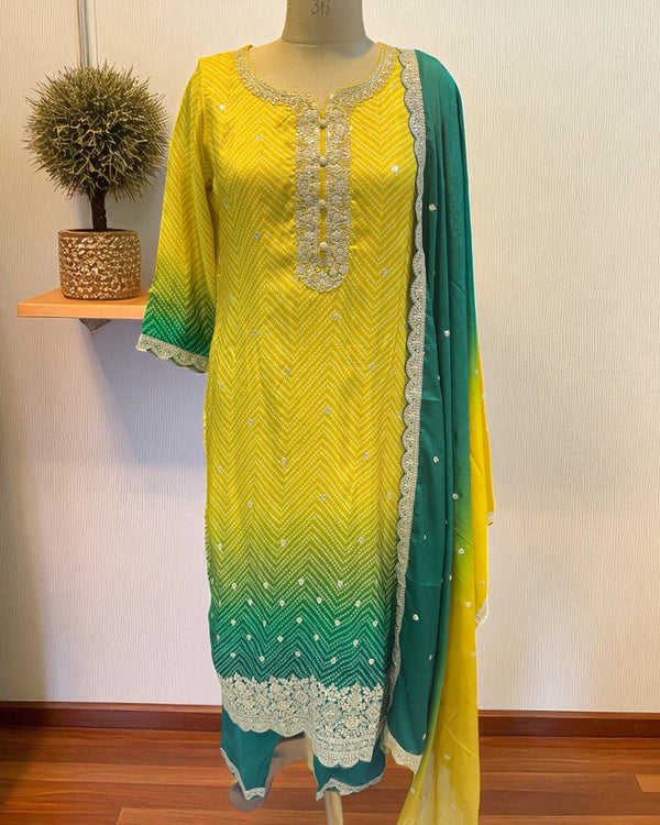 Yellow Green Ombre Kalyani Russian Silk suit set