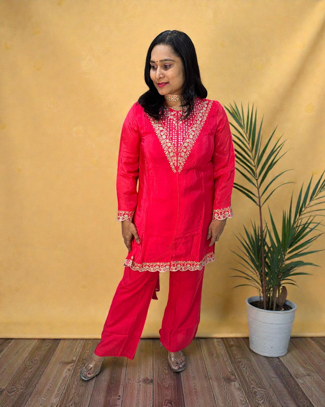 Tomato Red Mouni Crepe Silk Short suit set - set of 3