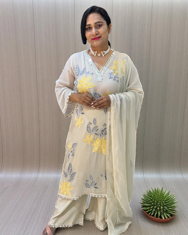 Off white Yellow Mehreen Organza A line suit - set of 3