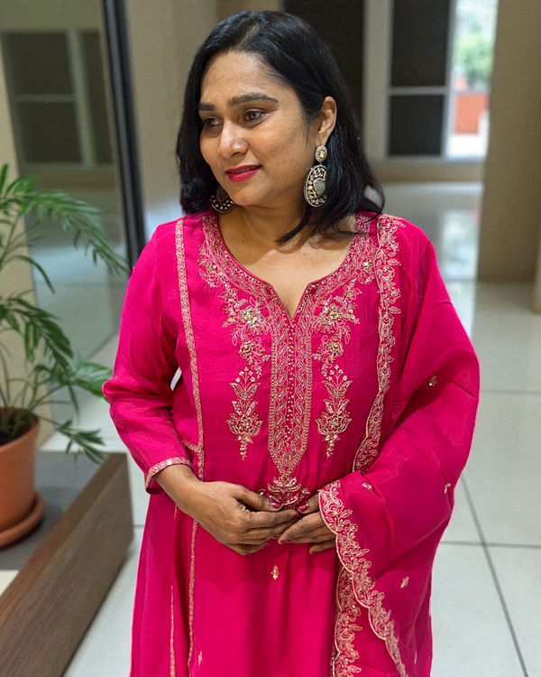 Pink Misri Mul chandri Anarkali - set of 3