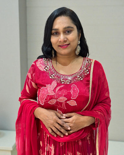 Cherry Red Ekta chinon silk Gown - set of 2