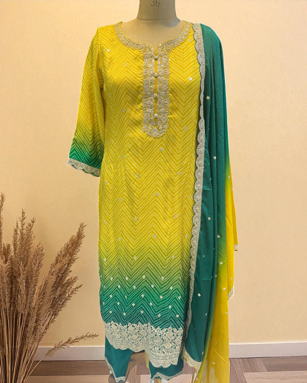 Yellow Green Ombre Kalyani Russian Silk suit set
