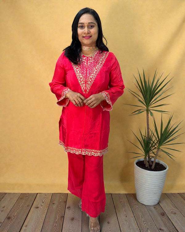 Tomato Red Mouni Crepe Silk Short suit set - set of 3