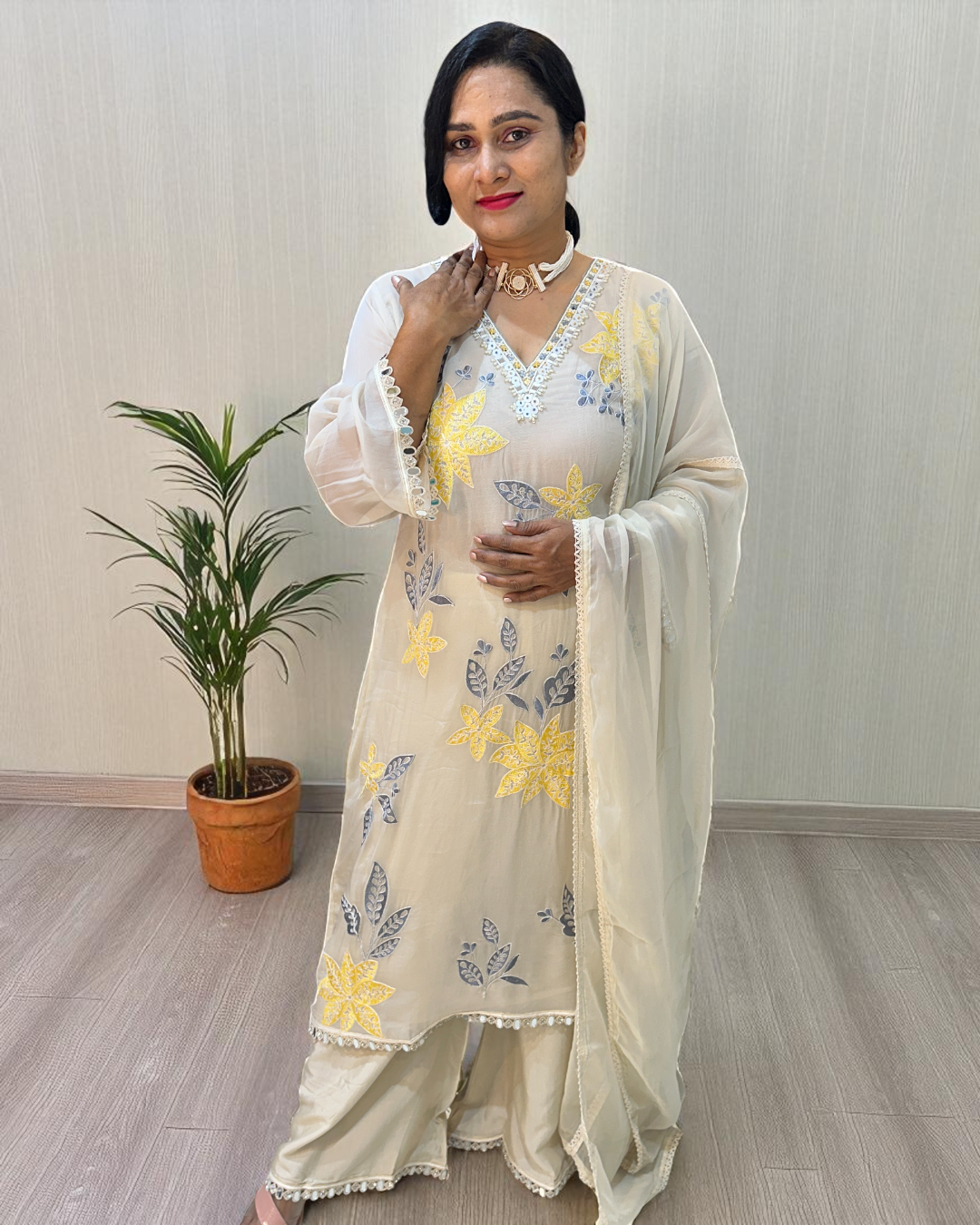 Off white Yellow Mehreen Organza A line suit - set of 3