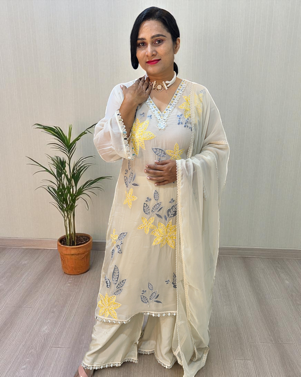 Off white Yellow Mehreen Organza A line suit - set of 3