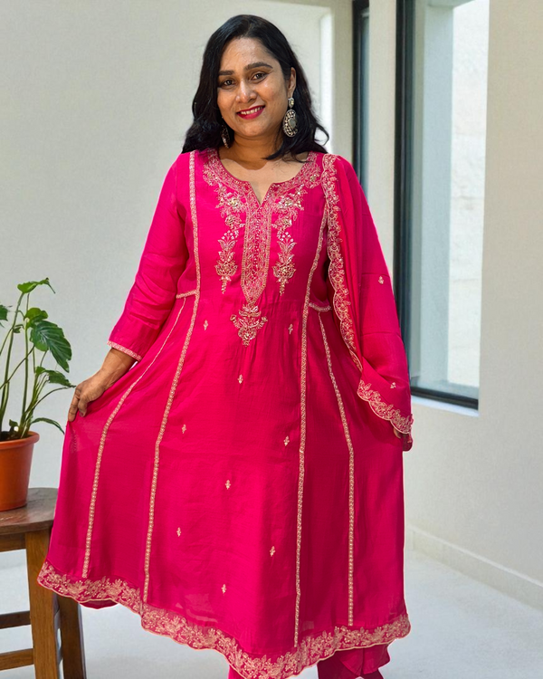 Pink Misri Mul chandri Anarkali - set of 3