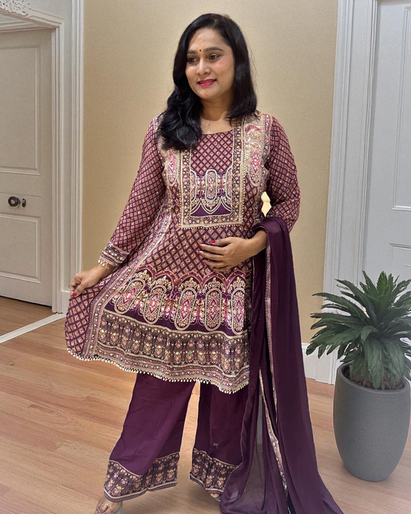 Wine Miral Crepe Short Anarkali -Set of 3