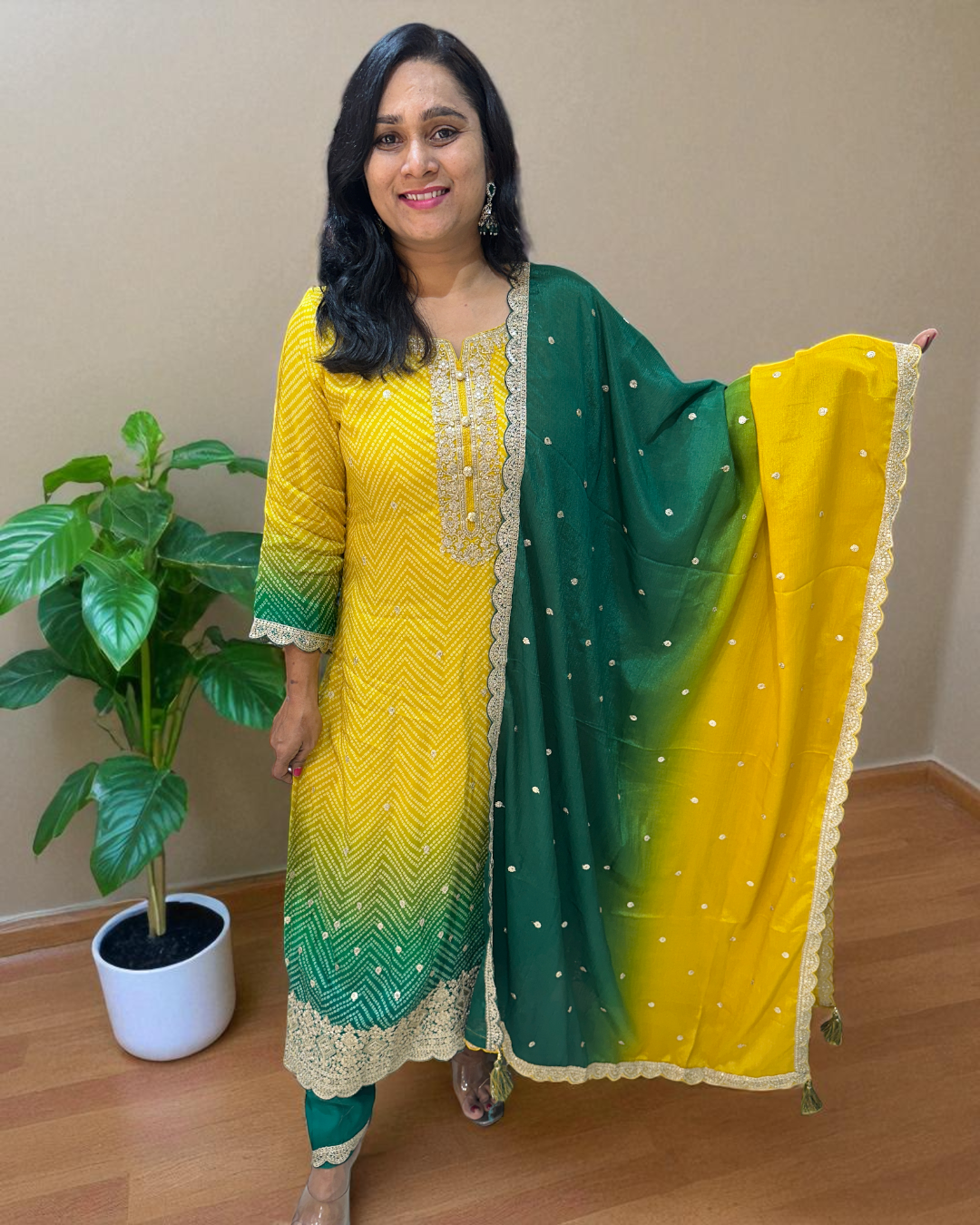 Yellow Green Ombre Kalyani Russian Silk suit set