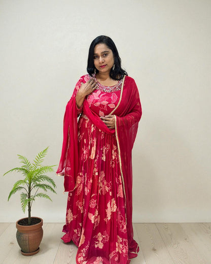 Cherry Red Ekta chinon silk Gown - set of 2