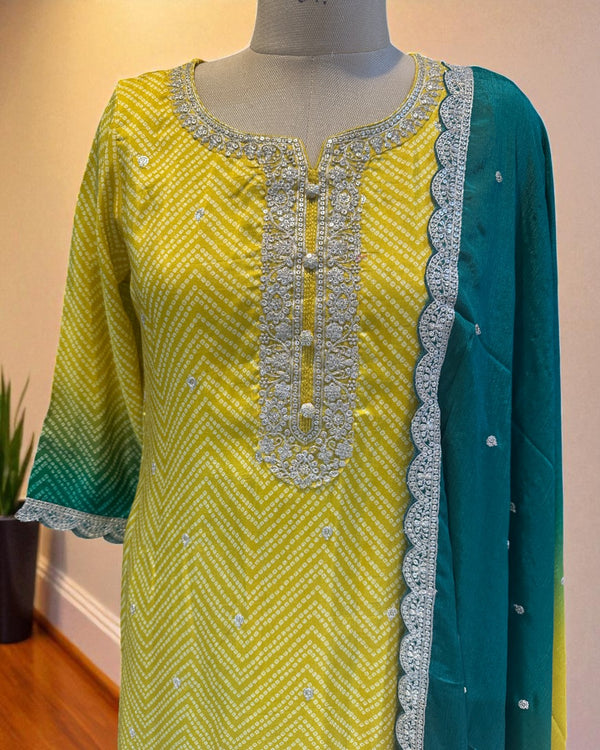 Yellow Green Ombre Kalyani Russian Silk suit set