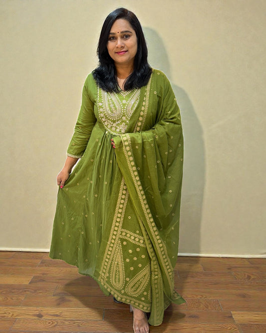 Green Deekshi A line Mul cotton Suit set - Sets of 3