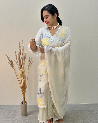 Off white Yellow Mehreen Organza A line suit - set of 3