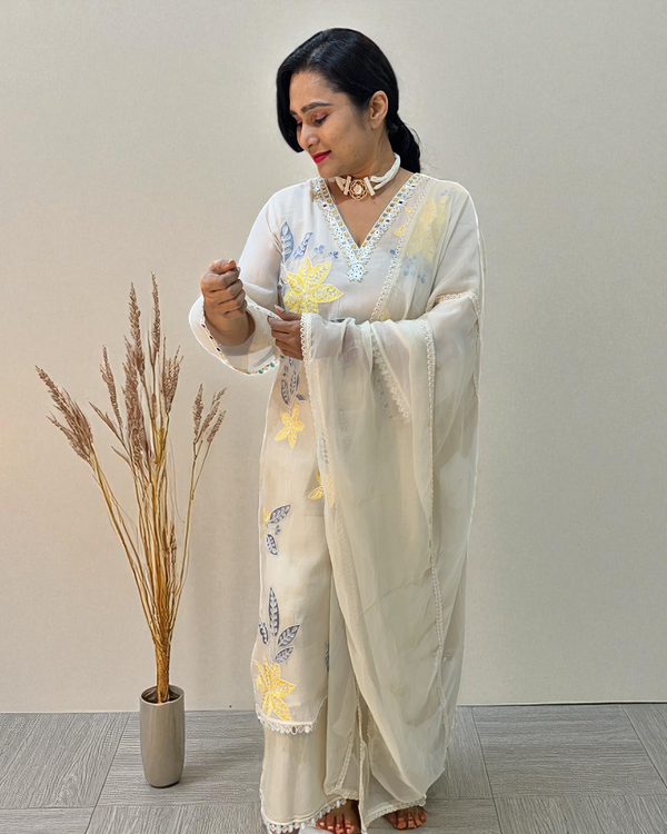 Off white Yellow Mehreen Organza A line suit - set of 3