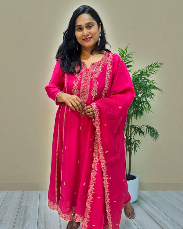 Pink Misri Mul chandri Anarkali - set of 3