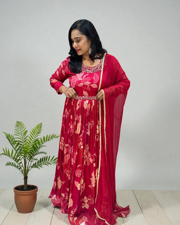 Cherry Red Ekta chinon silk Gown - set of 2