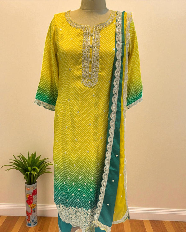Yellow Green Ombre Kalyani Russian Silk suit set
