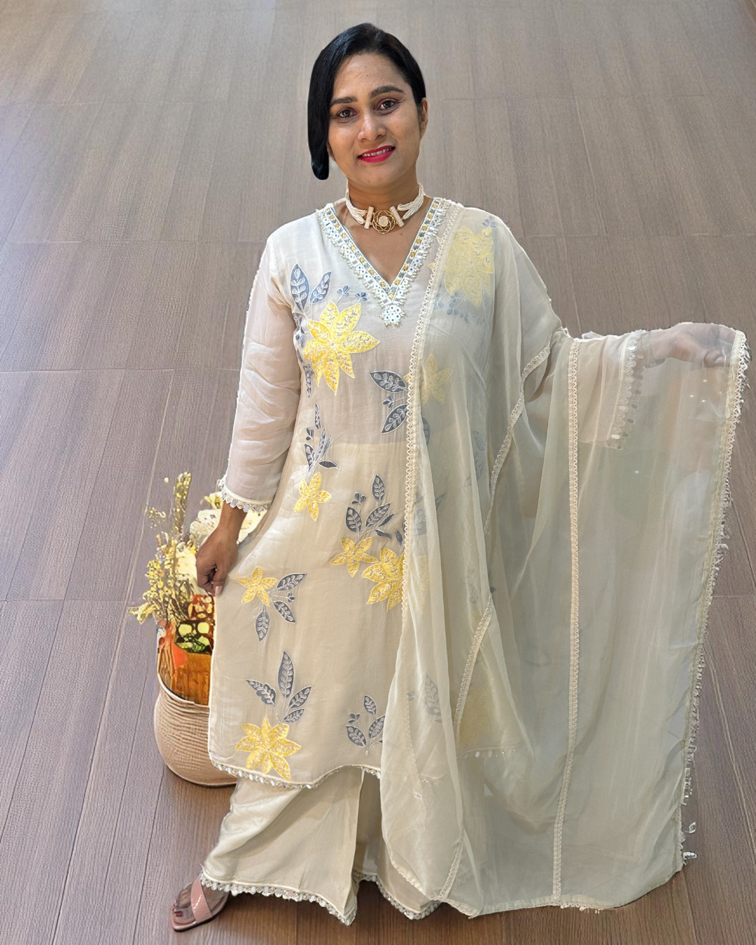 Off white Yellow Mehreen Organza A line suit - set of 3
