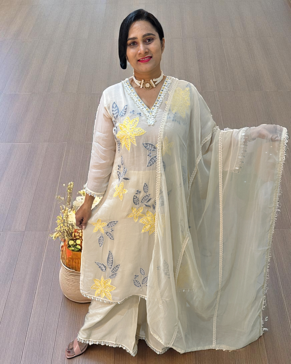 Off white Yellow Mehreen Organza A line suit - set of 3