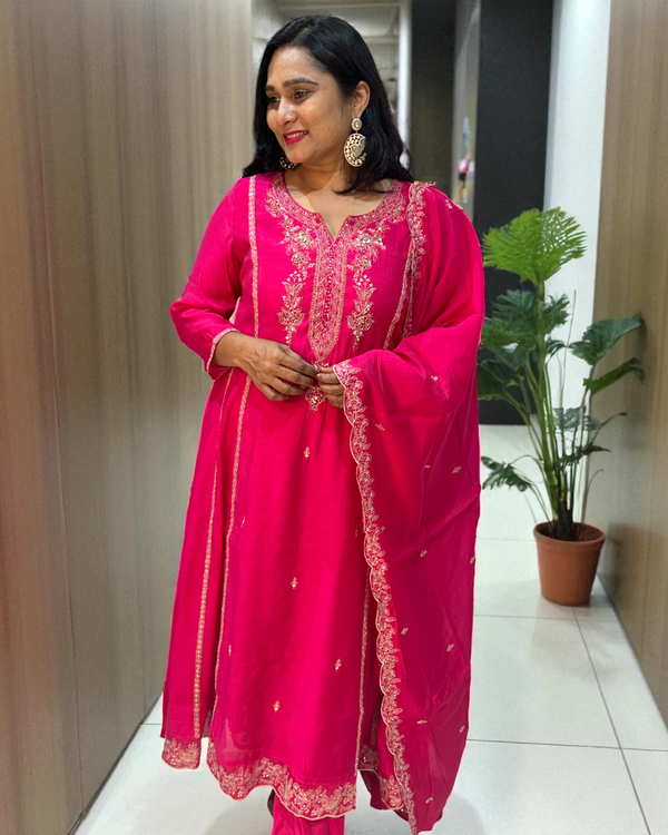 Pink Misri Mul chandri Anarkali - set of 3