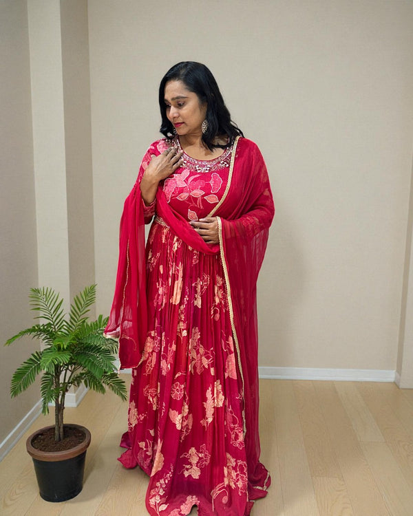 Cherry Red Ekta chinon silk Gown - set of 2