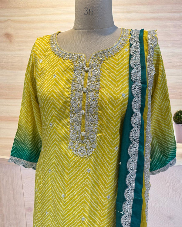 Yellow Green Ombre Kalyani Russian Silk suit set