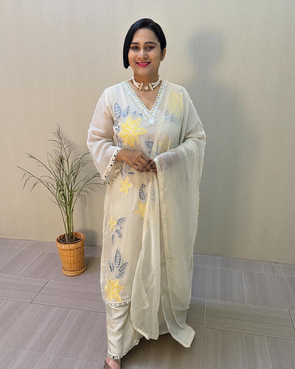Off white Yellow Mehreen Organza A line suit - set of 3