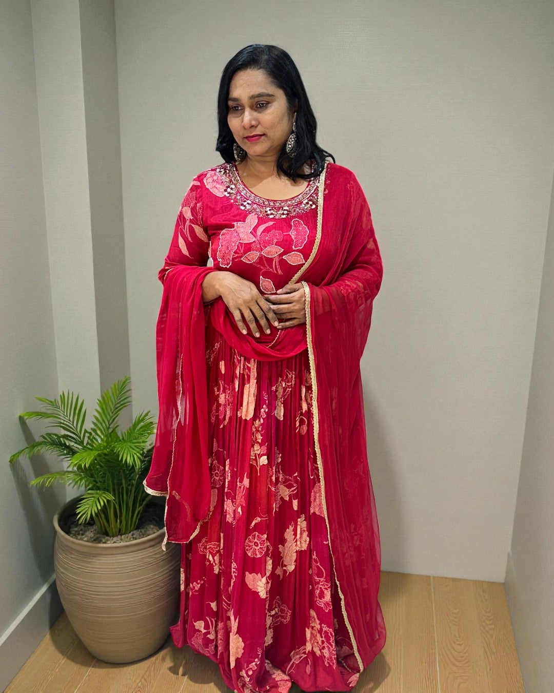 Cherry Red Ekta chinon silk Gown - set of 2