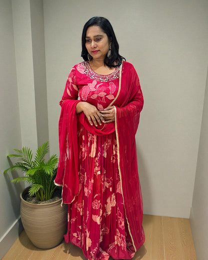 Cherry Red Ekta chinon silk Gown - set of 2