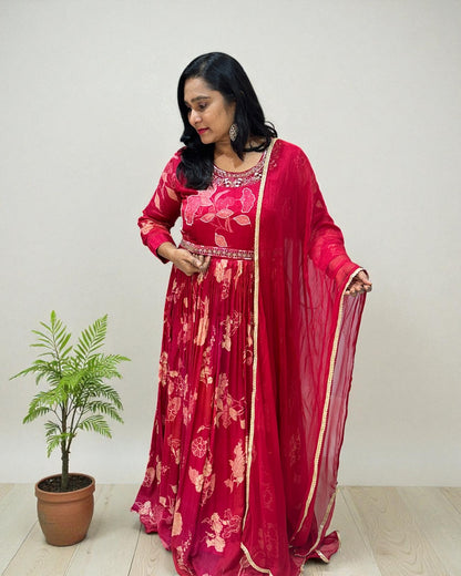 Cherry Red Ekta chinon silk Gown - set of 2