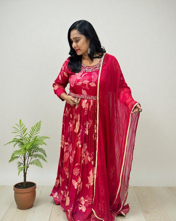 Cherry Red Ekta chinon silk Gown - set of 2