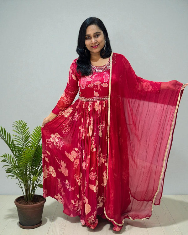 Cherry Red Ekta chinon silk Gown - set of 2