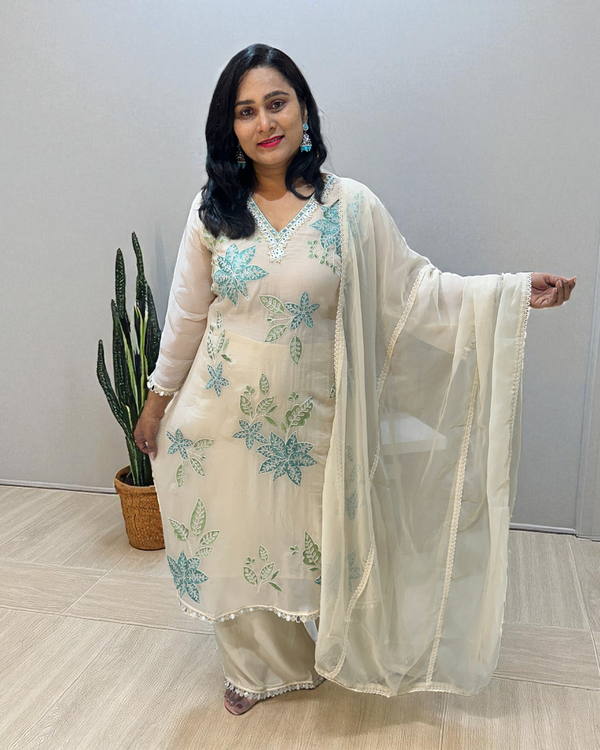 Off white Blue Mehreen Organza A line suit - set of 3