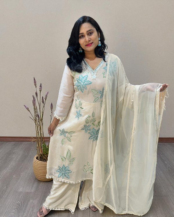 Off white Blue Mehreen Organza A line suit - set of 3