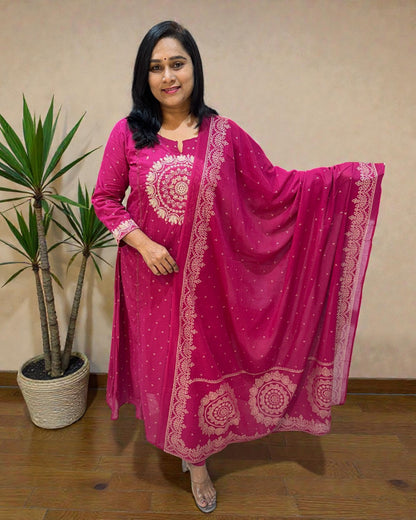Magenta Varma Mul cotton A line Suit set - Set of 3