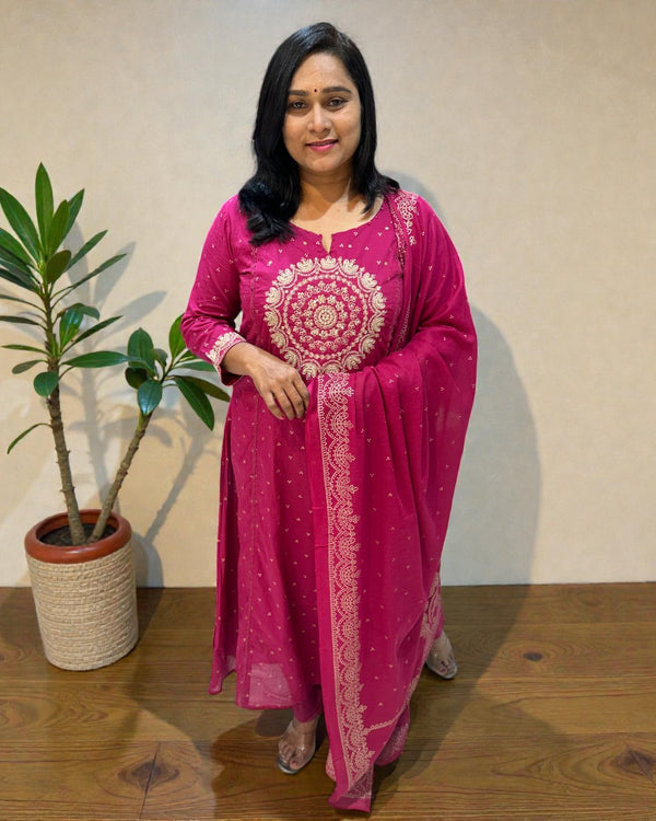Magenta Varma Mul cotton A line Suit set - Set of 3