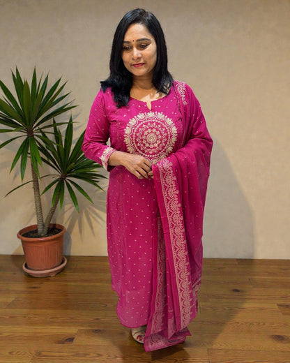 Magenta Varma Mul cotton A line Suit set - Set of 3