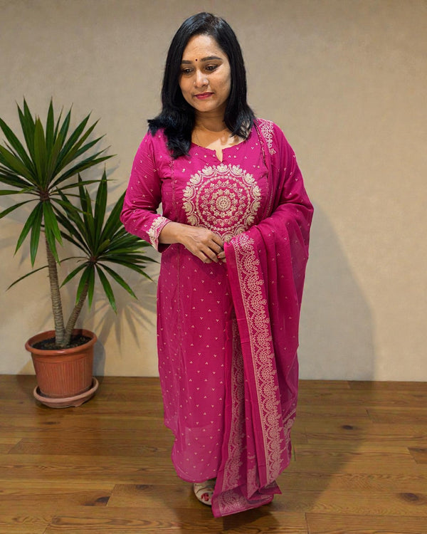 Magenta Varma Mul cotton A line Suit set - Set of 3