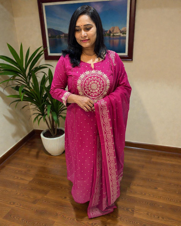 Magenta Varma Mul cotton A line Suit set - Set of 3
