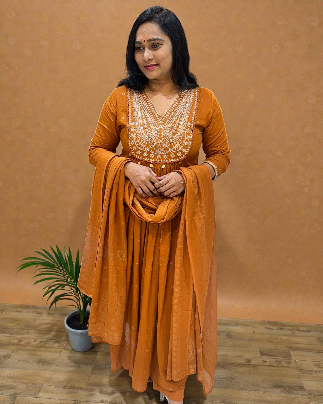 Rust orange Deekshi Mul cotton Suit set - Sets of 3
