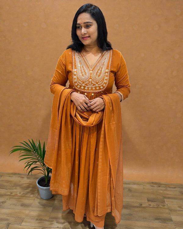 Rust orange Deekshi Mul cotton Suit set - Sets of 3