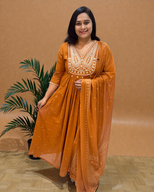 Rust orange Deekshi A line Mul cotton Suit set - Sets of 3