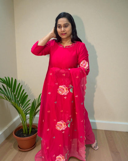 Pink Raasa Bemberg silk A line suit set - Set of 3