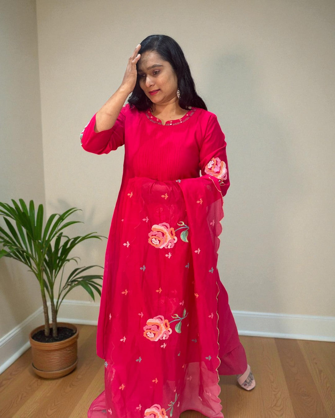 Pink Raasa Bemberg silk A line suit set - Set of 3