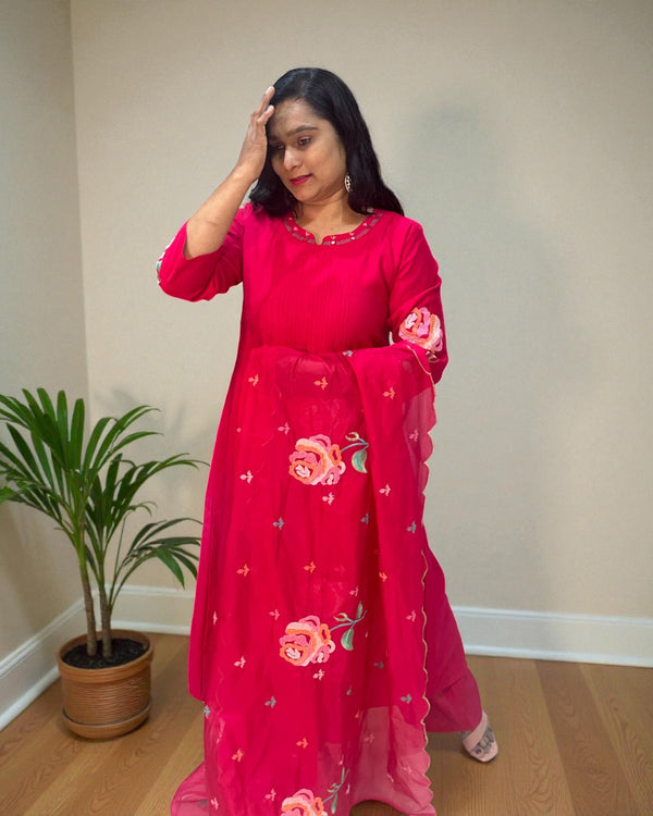 Pink Raasa Bemberg silk A line suit set - Set of 3