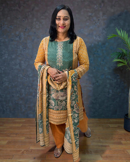 Green Brinda Crepe silk Farshi Salwar - Set of 3