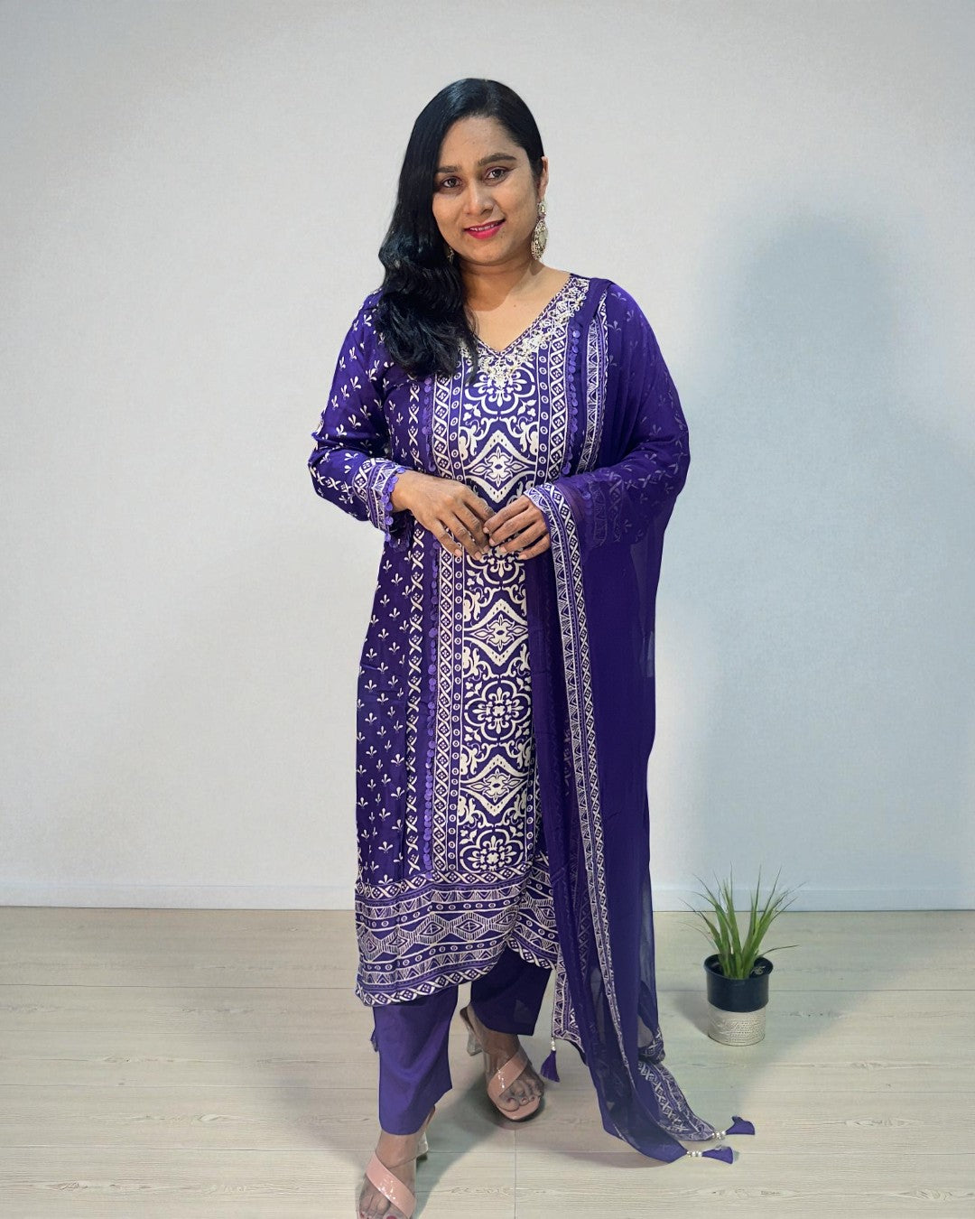 Purple Reena Silk C-cut Suit set - Set of 3